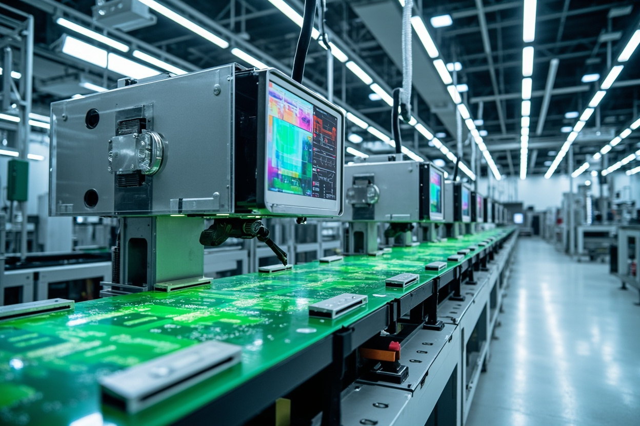 Système d'inspection optique automatisée (AOI) contrôlant la qualité des produits sur une ligne de production en Chine